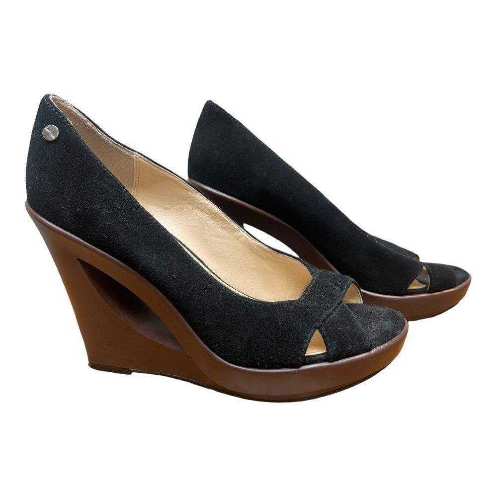 Calvin Klein Black Suede Peep-Toe Wedge Sandals with Brown Wedge